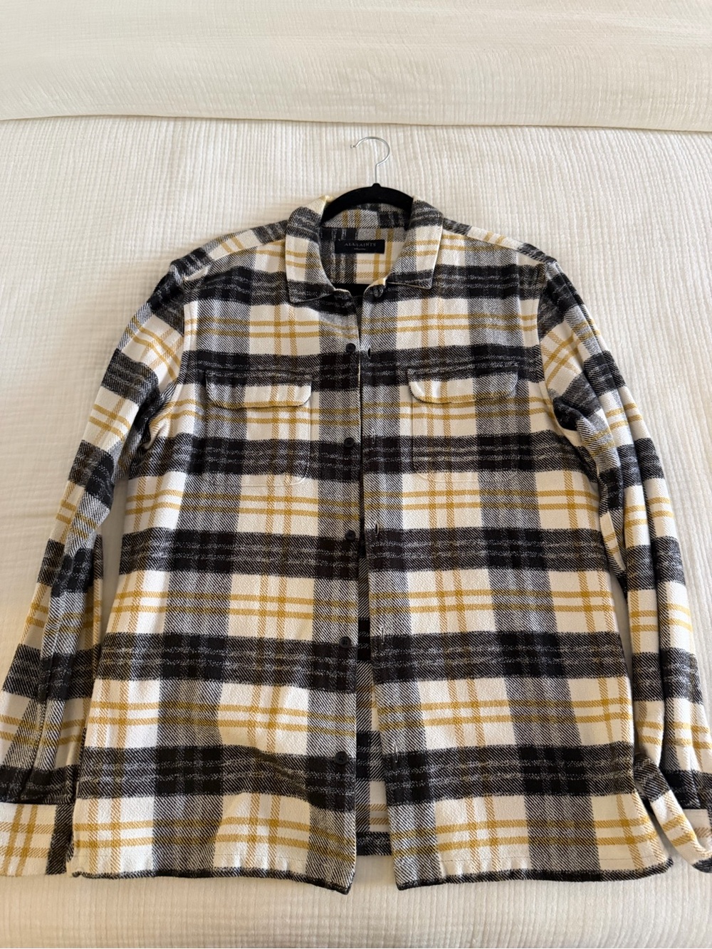 Men's All Saints Plaid Button-Up Jacket Shirt - White, Black & Yellow